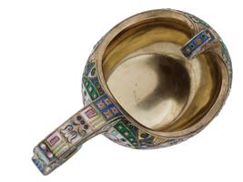 RUSSIAN GILT SILVER CLOISONNE ENAMEL PAN SLAVIC KOVSH