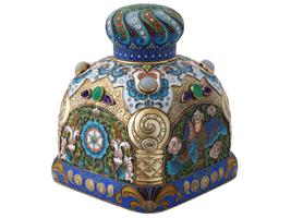 RUSSIAN SILVER ENAMEL TEA CADDY SET W GEM STONES