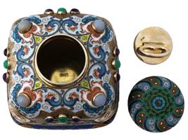 RUSSIAN SILVER ENAMEL TEA CADDY SET W GEM STONES