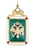 RUSSIAN GILT SILVER CARVED MALACHITE ENAMEL PENDANT