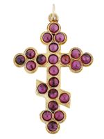 RUSSIAN 88 GILT SILVER GARNET STONE CROSS PENDANT