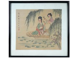 CHINESE SCENE MIXED MEDIA PAINTING ON SILK SIGNED