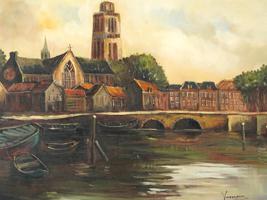 MID CENTURY DUTCH CITYSCAPE OIL PAINTING SIGNED