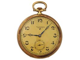 ANTIQUE SWISS TAVANNES 14K GOLD POCKET WATCH W STAND