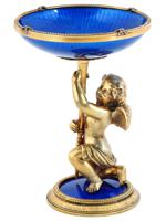 RUSSIAN GILT SILVER ENAMEL CANDY BOWL WITH CHERUB