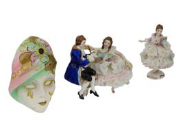 IRISH DRESDEN LACE PORCELAIN FIGURINES AND MASK