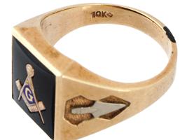 GOLD BLACK ONYX MENS MASONIC SIGNET RING AND PIN