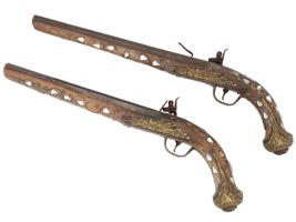 PAIR OF DECORATIVE FLINTLOCK PISTOLS W INLAID PEARL