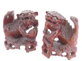 ANTIQUE CHINESE HAND CARVED WOODEN FOO DOG FIGURINES