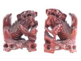 ANTIQUE CHINESE HAND CARVED WOODEN FOO DOG FIGURINES