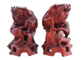 ANTIQUE CHINESE HAND CARVED WOODEN FOO DOG FIGURINES