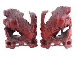 ANTIQUE CHINESE HAND CARVED WOODEN FOO DOG FIGURINES