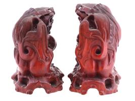 ANTIQUE CHINESE HAND CARVED WOODEN FOO DOG FIGURINES