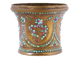 ANTIQUE PERSIAN BRASS TURQUOISE RUBY HOOKAH BOWL