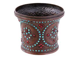 ANTIQUE PERSIAN BRASS TURQUOISE RUBY HOOKAH BOWL