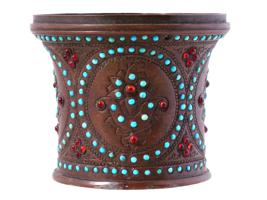 ANTIQUE PERSIAN BRASS TURQUOISE RUBY HOOKAH BOWL