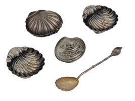 FIVE ANTIQUE STERLING SILVER SHELL SHAPED ITEMS