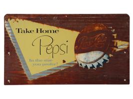 VINTAGE TAKE HOME PEPSI COLA DOUBLE SIDED METAL SIGN