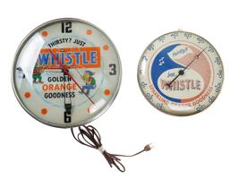 PAIR OF VINTAGE AMERICAN WHISTLE SODA CLOCK ADS SIGN