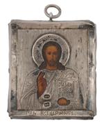 19TH C ANTIQUE RUSSIAN JESUS CHRIST TRAVEL ICON IN SILVER RIZA