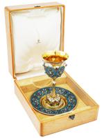 RUSSIAN SILVER ENAMEL KIDDUSH CUP AND DISH W GEMS