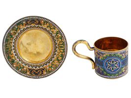 RUSSIAN GILT SILVER CLOISONNE ENAMEL CUP W SAUCER