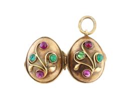 RUSSIAN GILT SILVER JADE RUBY EGG LOCKET PENDANT