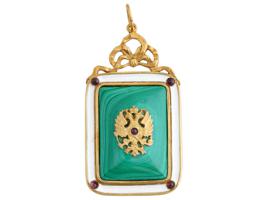 RUSSIAN GILT SILVER ENAMEL MALACHITE EAGLE PENDANT