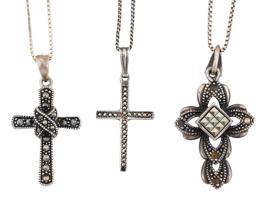 VINTAGE SILVER MARCASITE CROSS PENDANTS WITH CHAINS