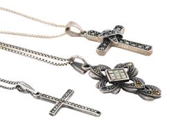 VINTAGE SILVER MARCASITE CROSS PENDANTS WITH CHAINS