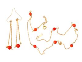 14K GOLD AND CORAL NECKLACE AND MATCHING EARRINGS