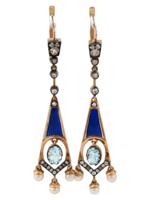 RUSSIAN GOLD ENAMEL DIAMOND SAPPHIRE PEARL EARRINGS