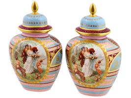 ROYAL VIENNA MANNER COVERED PORCELAIN URN VASES