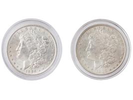 TWO ANTIQUE AMERICAN SILVER MORGAN DOLLAR COINS