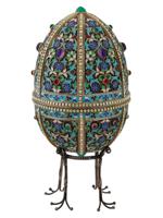 LARGE RUSSIAN SILVER ENAMEL EGG W GEMSTONES ON STAND