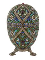 LARGE RUSSIAN 88 SILVER ENAMEL EGG BOX ON STAND