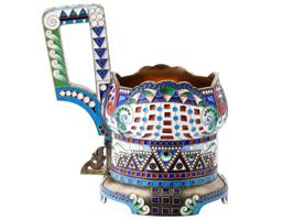 RUSSIAN 88 SILVER ENAMEL KOVSH FORM GLASS HOLDER