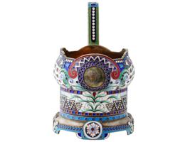 RUSSIAN 88 SILVER ENAMEL KOVSH FORM GLASS HOLDER