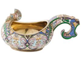 RUSSIAN GILT SILVER CLOISONNE ENAMEL KOVSH LADLE