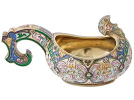 RUSSIAN GILT SILVER CLOISONNE ENAMEL KOVSH LADLE