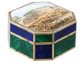 RUSSIAN KREMLIN SILVER ENAMEL LAPIS MALACHITE BOX