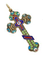 RUSSIAN GILT SILVER ENAMEL ORTHODOX CROSS PENDANT