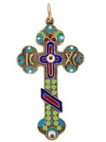 RUSSIAN GILT SILVER ENAMEL ORTHODOX CROSS PENDANT