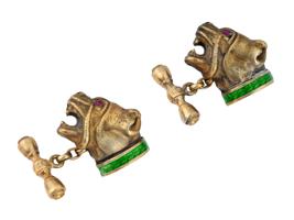 RUSSIAN GILT SILVER ENAMEL RUBY BULLDOG CUFFLINKS