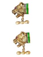 RUSSIAN GILT SILVER ENAMEL RUBY BULLDOG CUFFLINKS