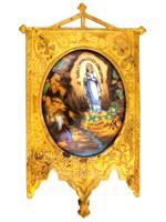 RARE ANTIQUE PENNANT W OUR LADY OF LOURDES PAINTING