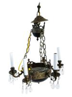 ANTIQUE EARLY 20TH C BRONZE AND GLASS CHANDELIER