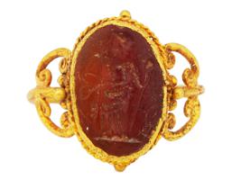 ANCIENT GREEK GOLD INTAGLIO CARNELIAN STONE RING