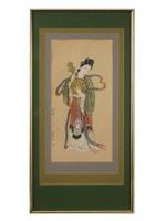 JAPANESE GEISHA WATERCOLOR PAINTING ON SILK SIGNED