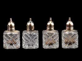 9 VINTAGE GLASS AND STERLING SILVER SALT SHAKERS